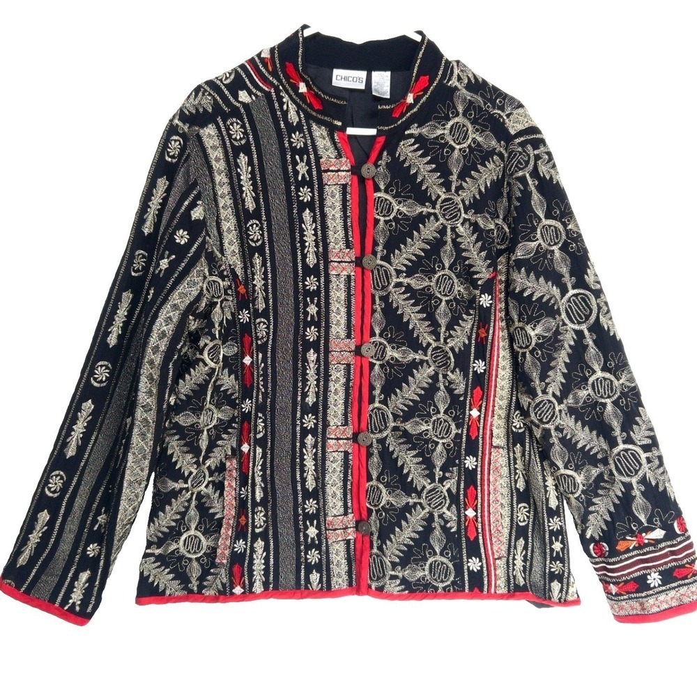 Chicos Asian Embroidered Ornate Jacket‎ Metallic Blazer Top Women 3 XL 16
